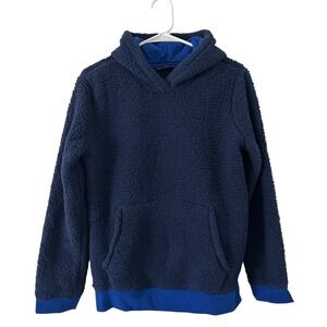 Lands' End Kids Boys Sherpa Flannel Pullover Hoodie Navy L Large 10 12 New